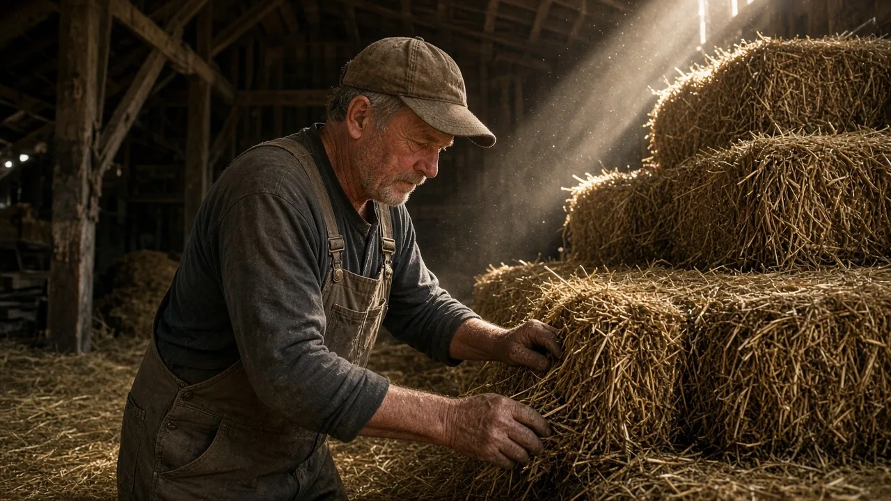 Older farmer in a cap and canvas overalls stacking straw bales inside a weathered wooden barn, with sunlight streaming through the dusty air