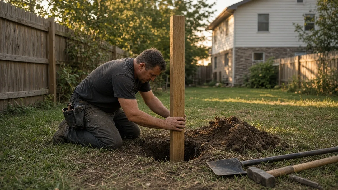 Fence installer setting a wooden post in a freshly dug hole