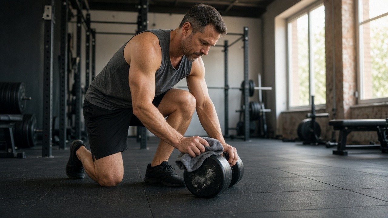 Fitness studio owner wiping down dumbbells in an industrial-style gym