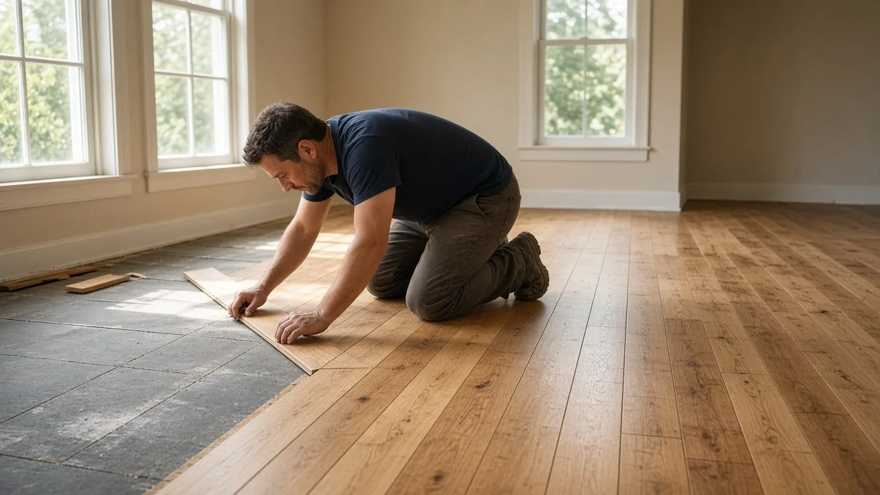 Flooring installer kneeling to fit a hardwood plank in a sunlit room