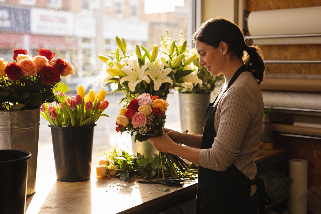 Florist arranging a bouquet at the counter of her flower shop - florists business funding.