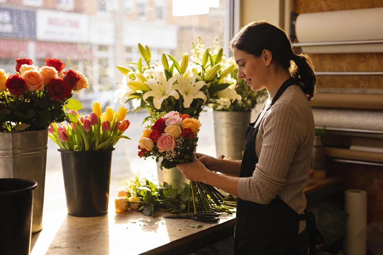 Florist arranging a bouquet at the counter of her flower shop
