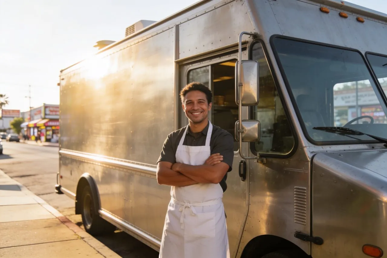 Food truck owner standing beside his truck on a city street