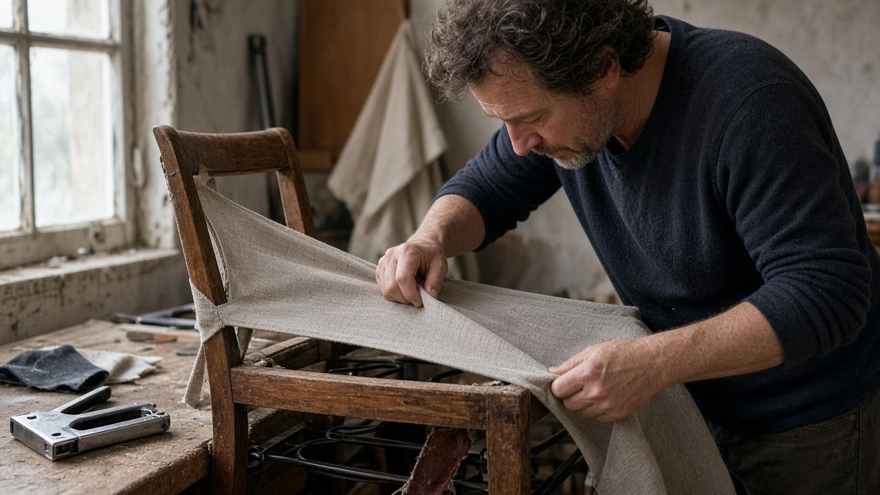 Furniture maker stretching fabric over a wooden chair frame in an upholstery workshop