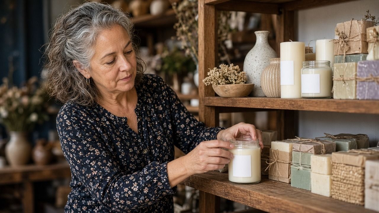 Gift shop owner arranging candles and handmade soaps on a wooden shelf