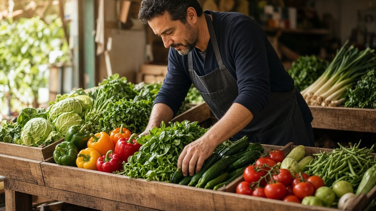 Grocery store owner arranging fresh produce in wooden display bins