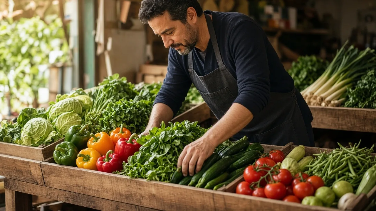 Grocery store owner arranging fresh produce in wooden display bins