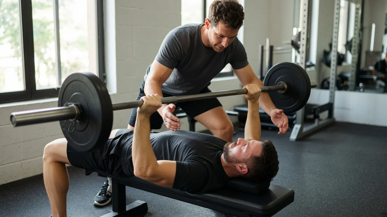 Personal trainer spotting a gym member on the barbell bench press