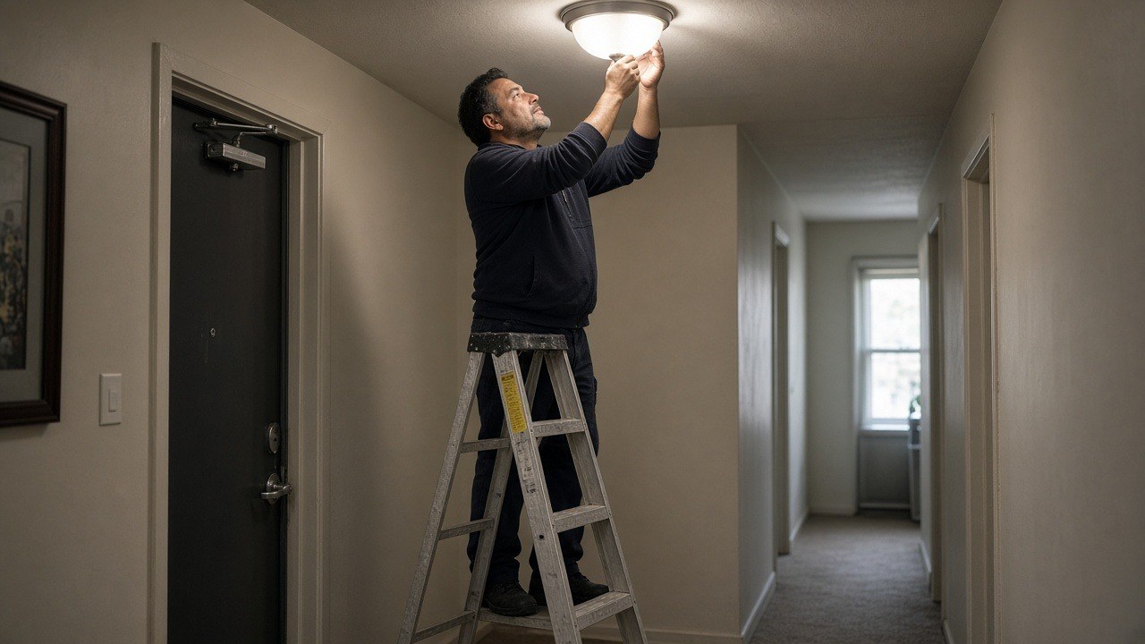 Handyman on a stepladder replacing a ceiling light fixture in a hallway