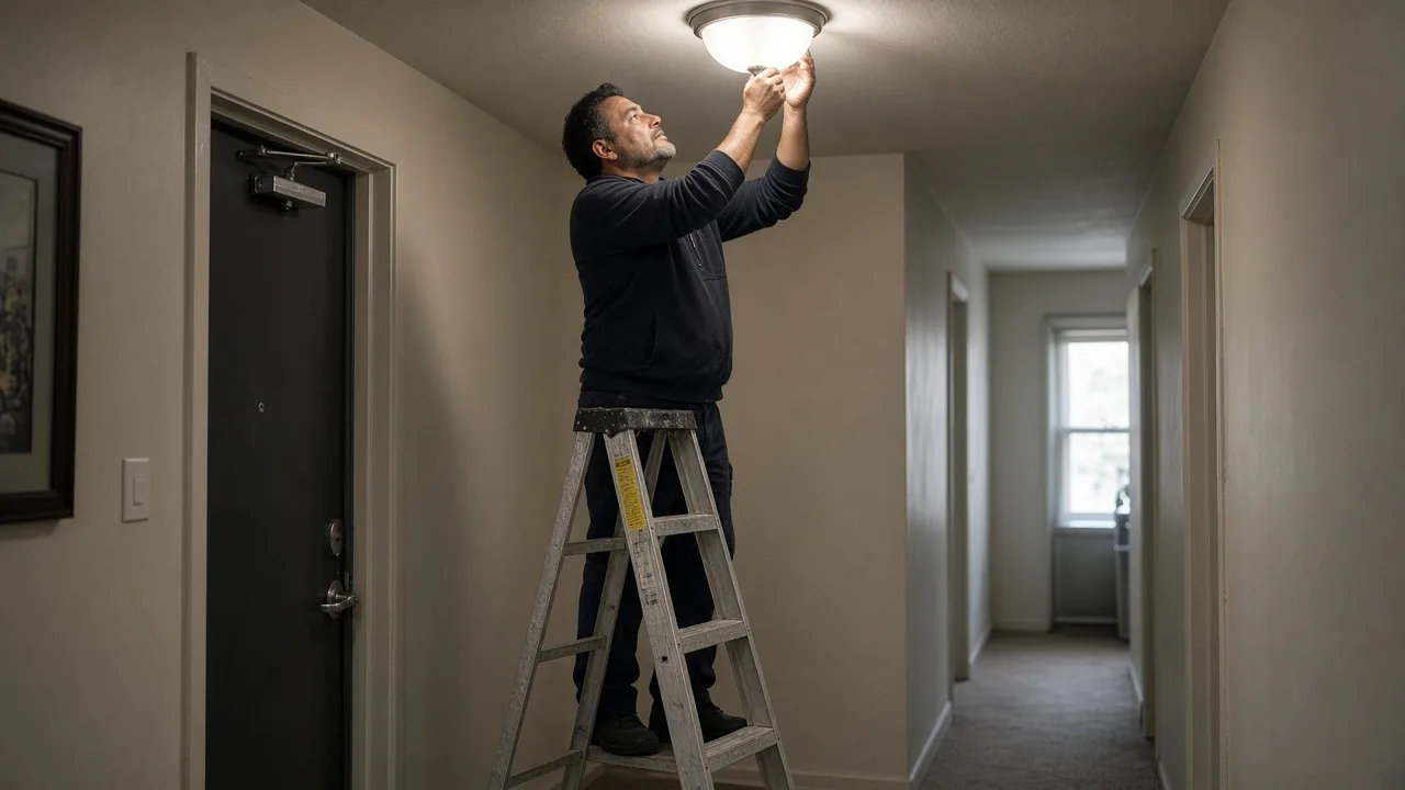 Handyman on a stepladder replacing a ceiling light fixture in a hallway