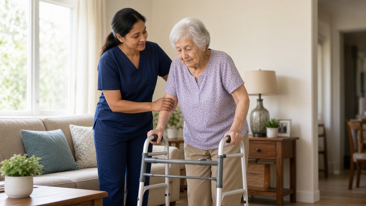 Home health aide helping an elderly woman walk with a walker at home