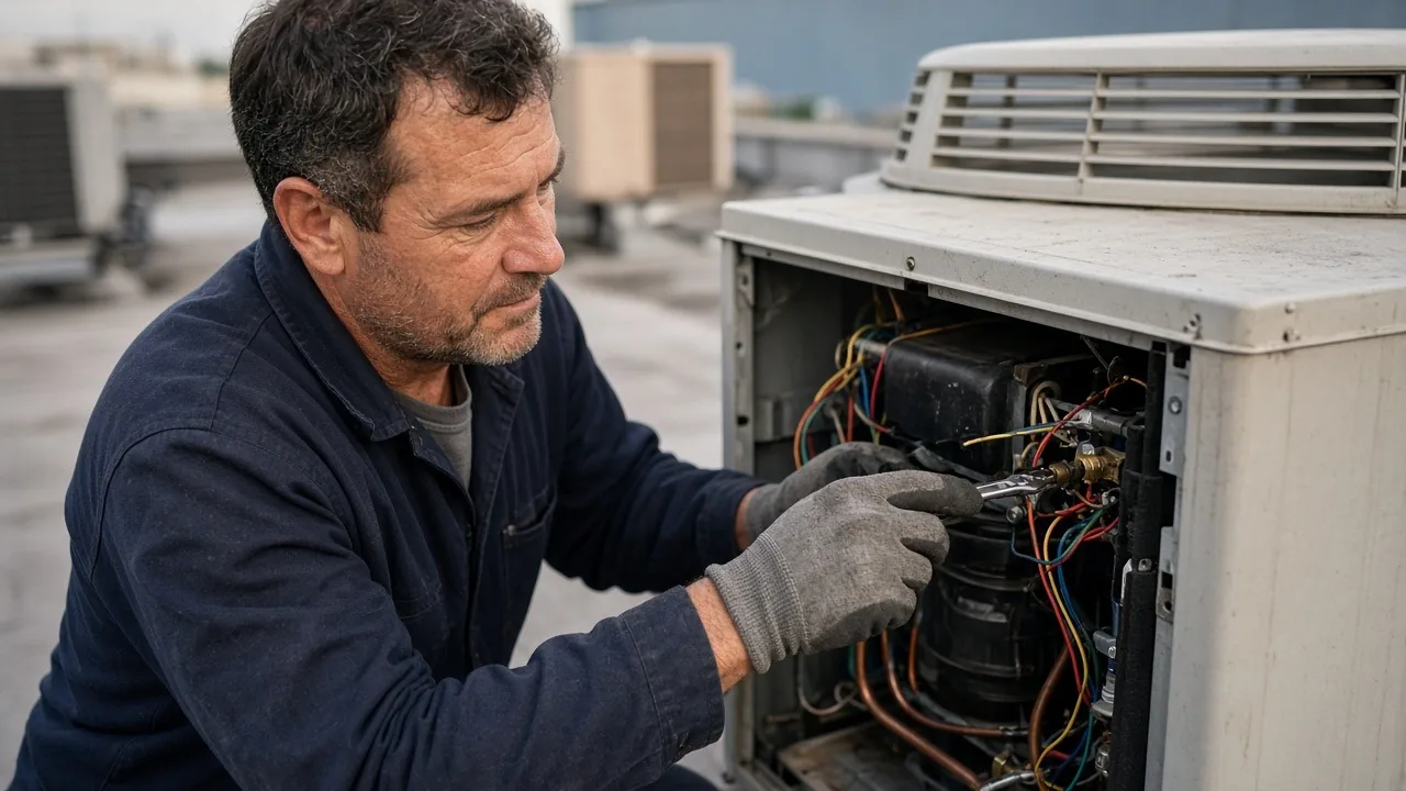 HVAC company owner repairing a rooftop air conditioning unit