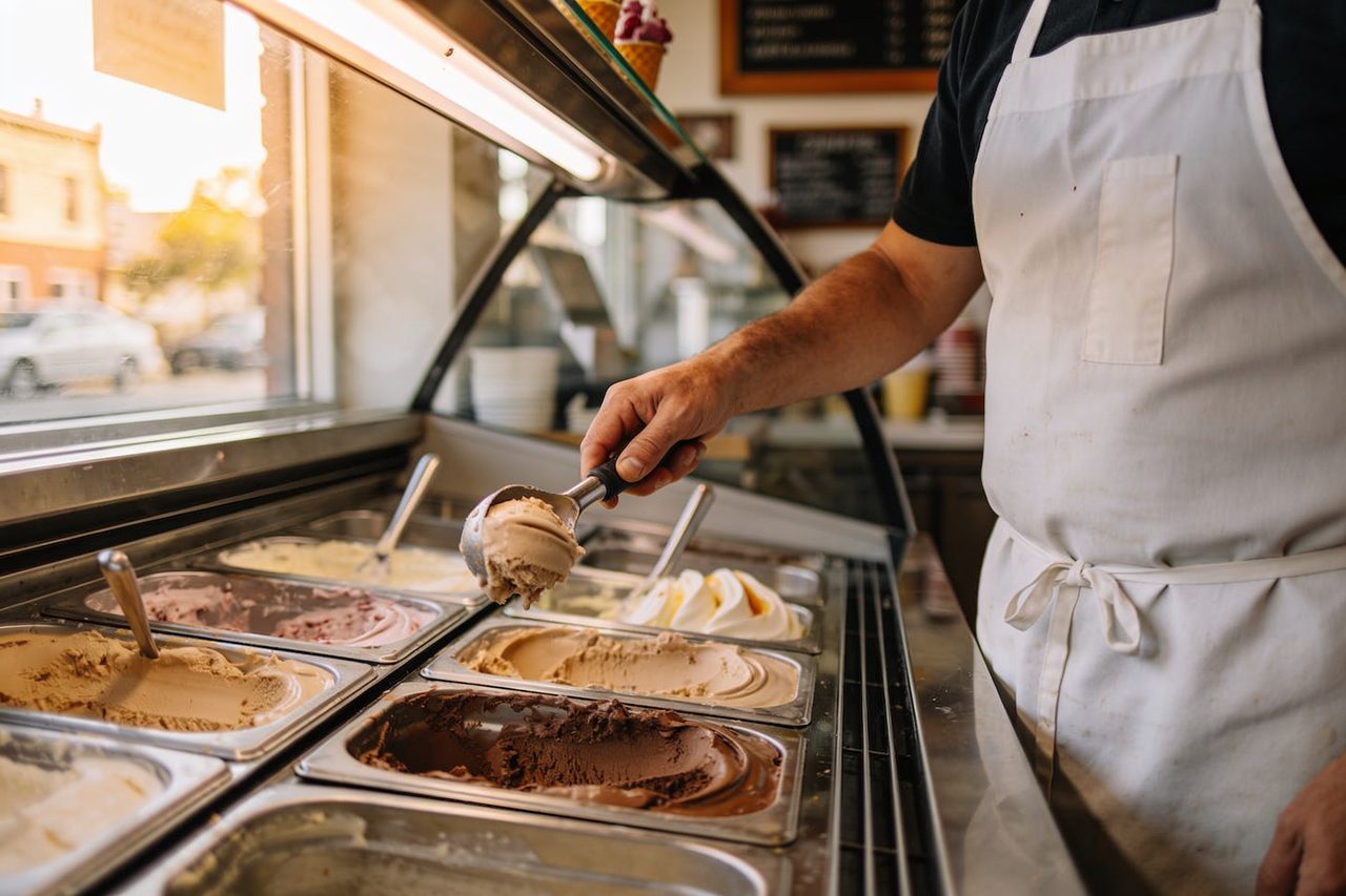 Ice cream shop owner scooping gelato from the display freezer behind the counter -- business funding for ice cream shops.