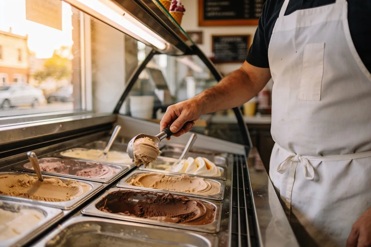 Ice cream shop owner scooping gelato behind the counter