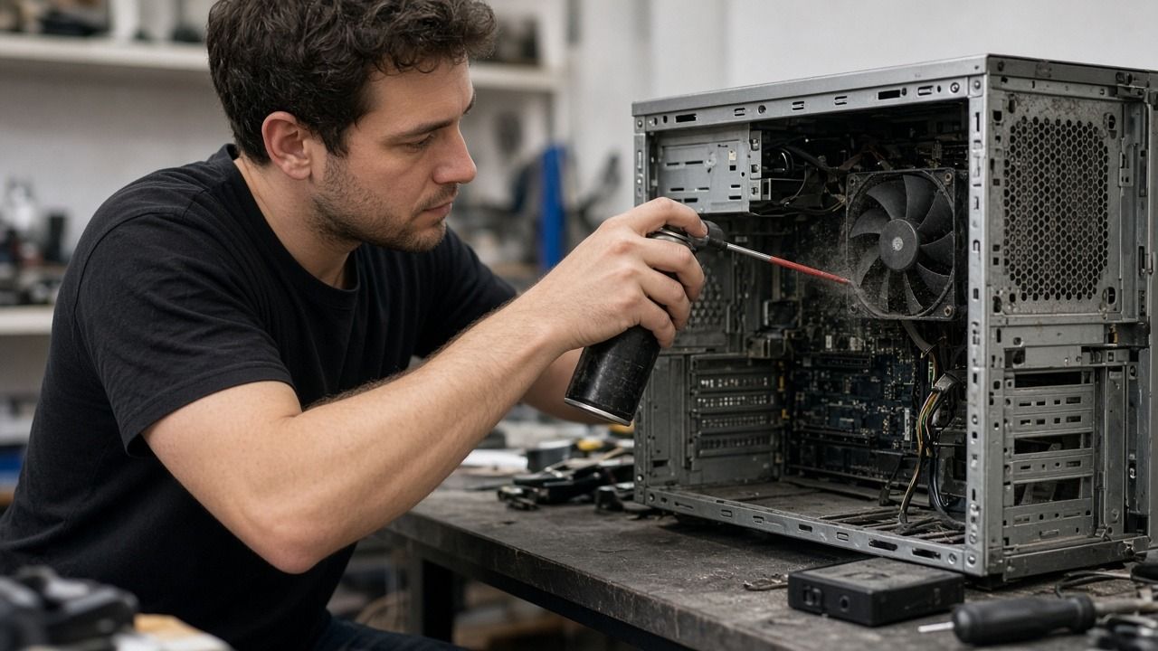 IT services technician cleaning dust out of a desktop computer tower