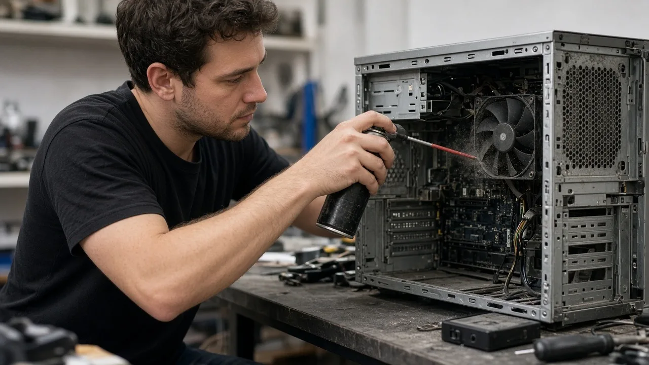IT services technician cleaning dust out of a desktop computer tower