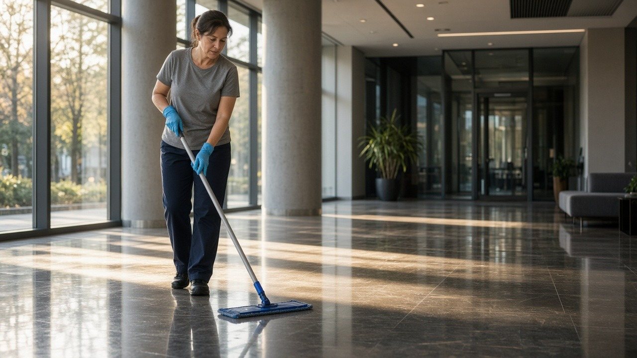 Janitorial worker dust-mopping the polished floor of an office lobby