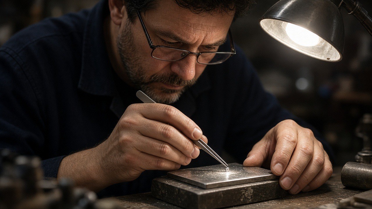 Jeweler setting a small stone with tweezers under a bench lamp