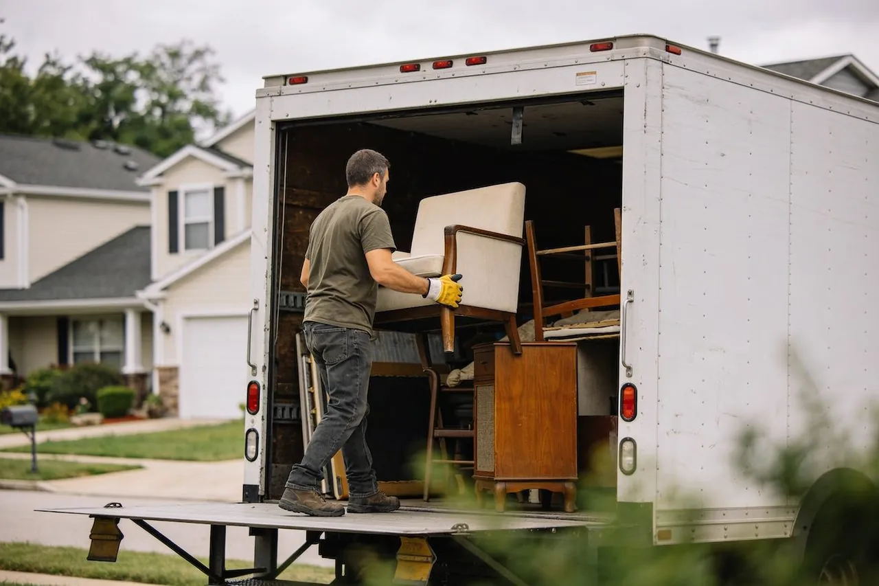 Junk removal business owner loading furniture into a box truck