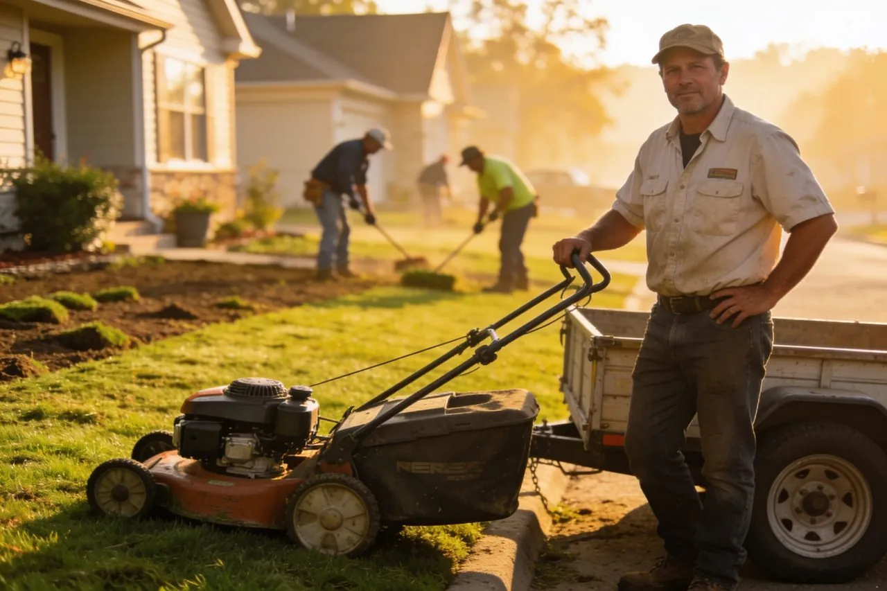 Landscaping business owner with a mower and trailer at a job site