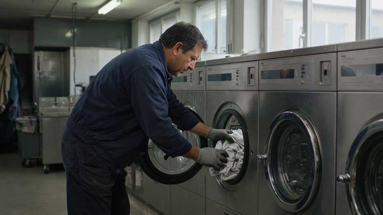 Laundromat owner loading white linens into a stainless steel front-load commercial washer