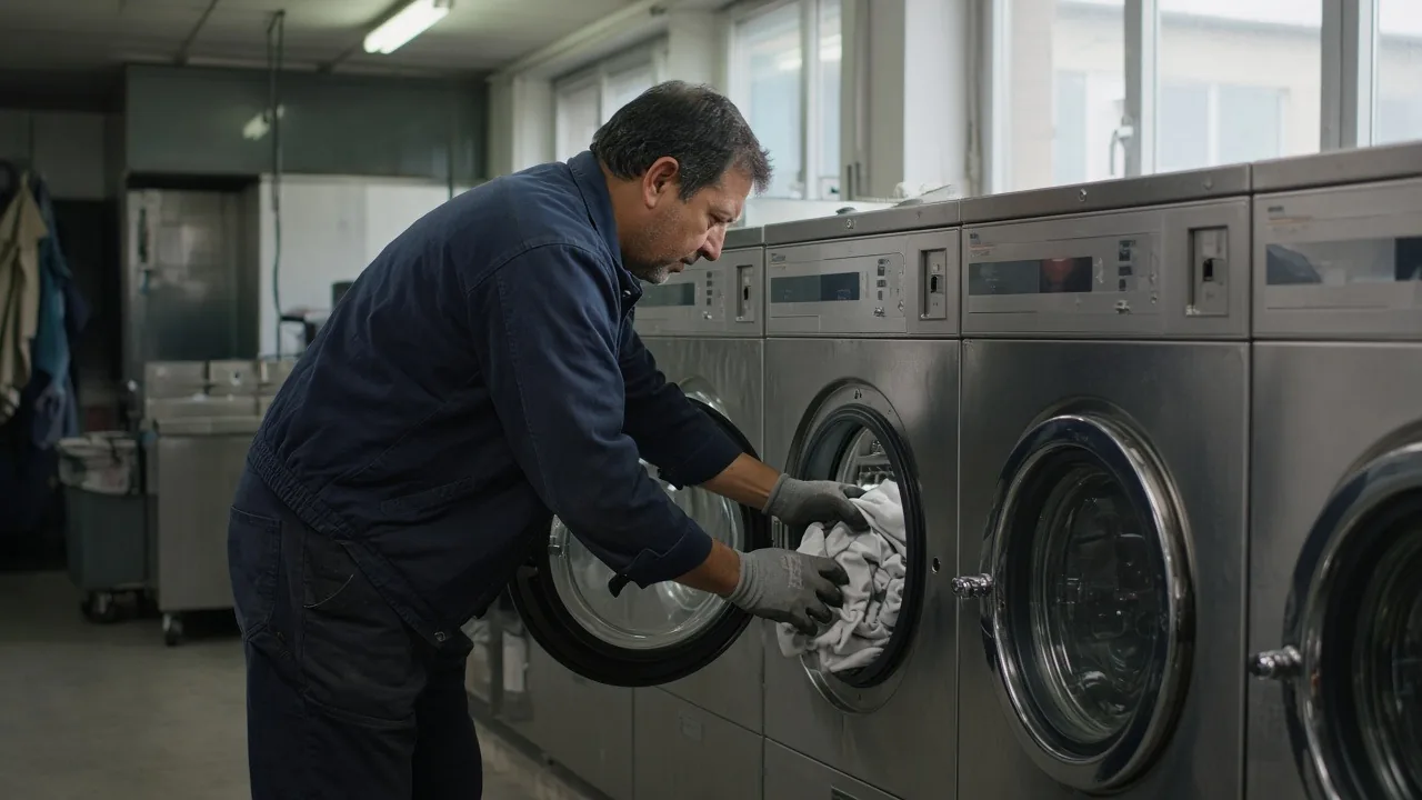 Laundromat owner loading white linens into a stainless steel front-load commercial washer