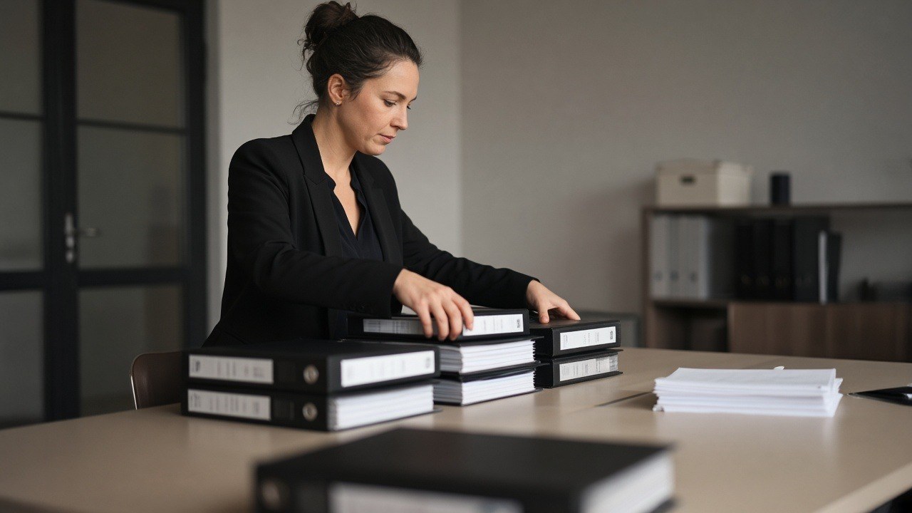 Law firm paralegal organizing case binders on a conference table