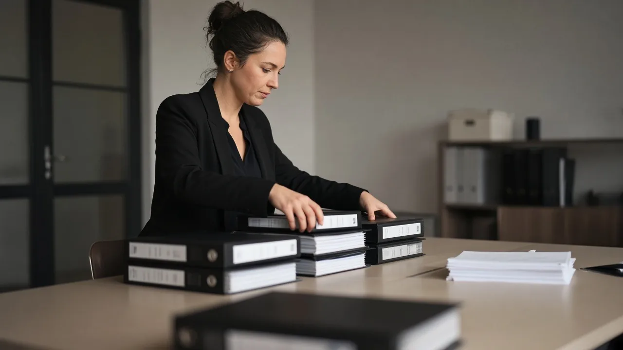 Law firm paralegal organizing case binders on a conference table