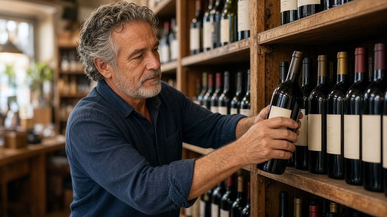 Wine and liquor store owner stocking red wine bottles on wooden shelves