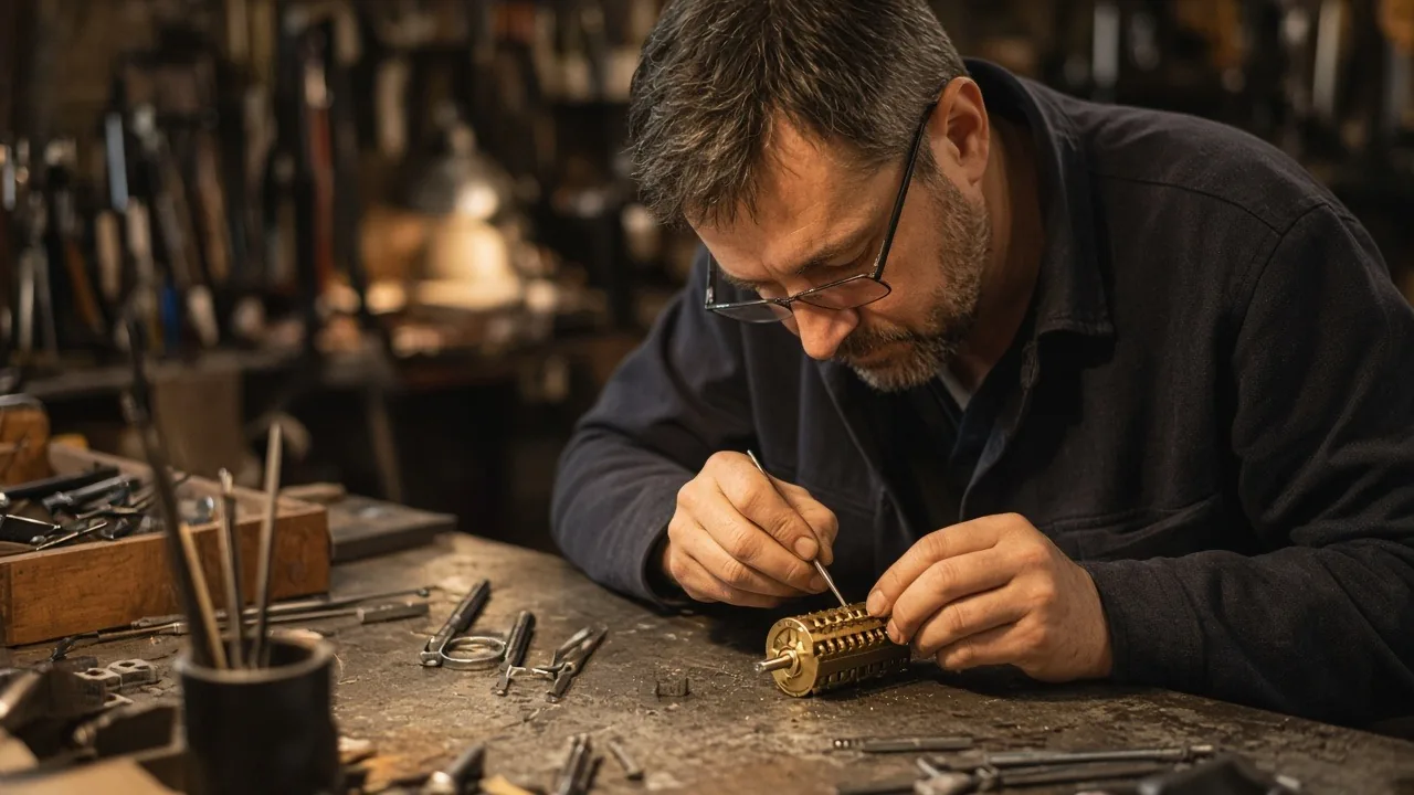 Locksmith rekeying a brass lock cylinder at a workshop bench