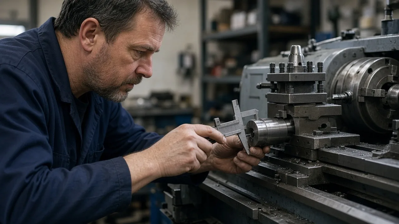 Machinist measuring a turned metal part with a caliper at a lathe