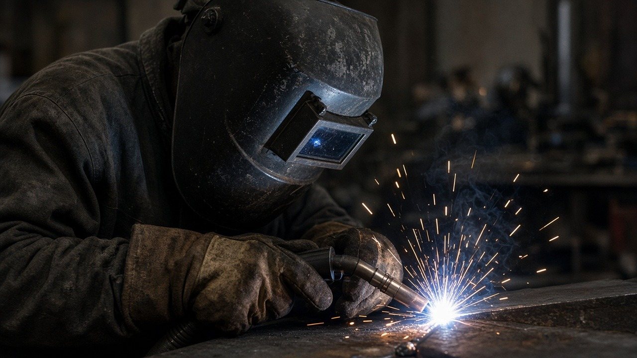 Manufacturing welder MIG welding a steel joint with flying sparks