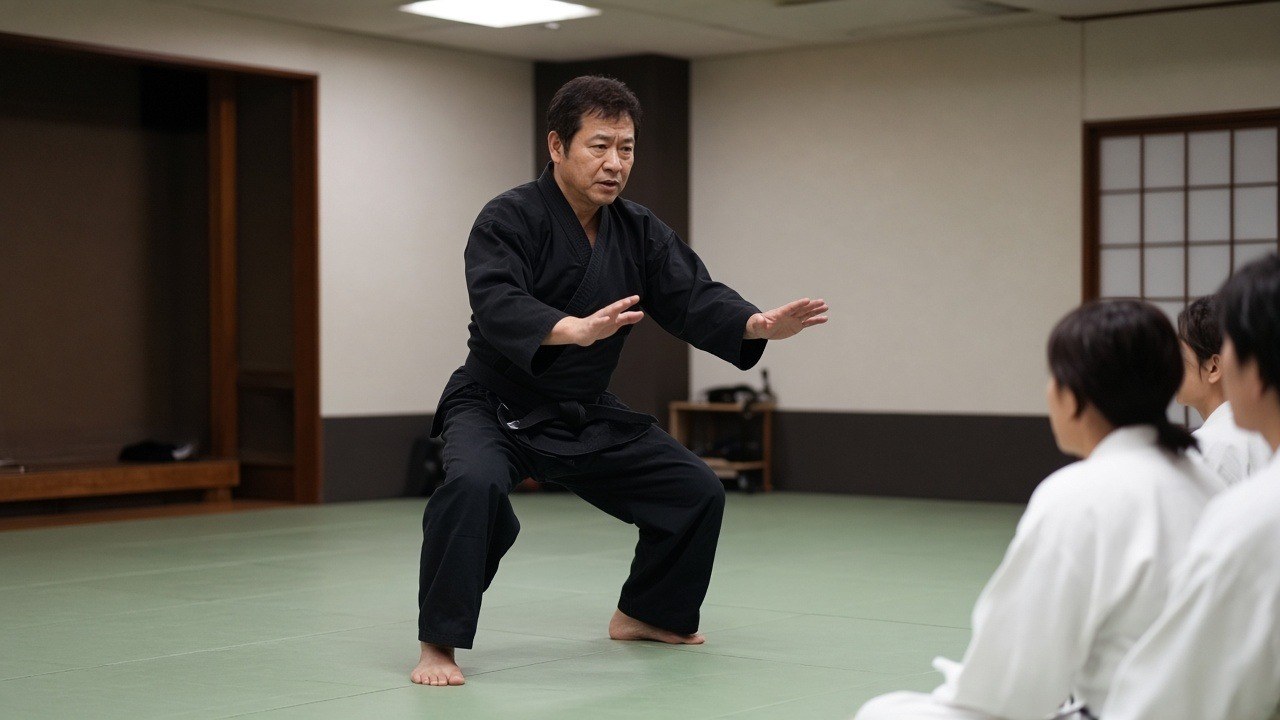 Martial arts instructor demonstrating a stance to students in a dojo