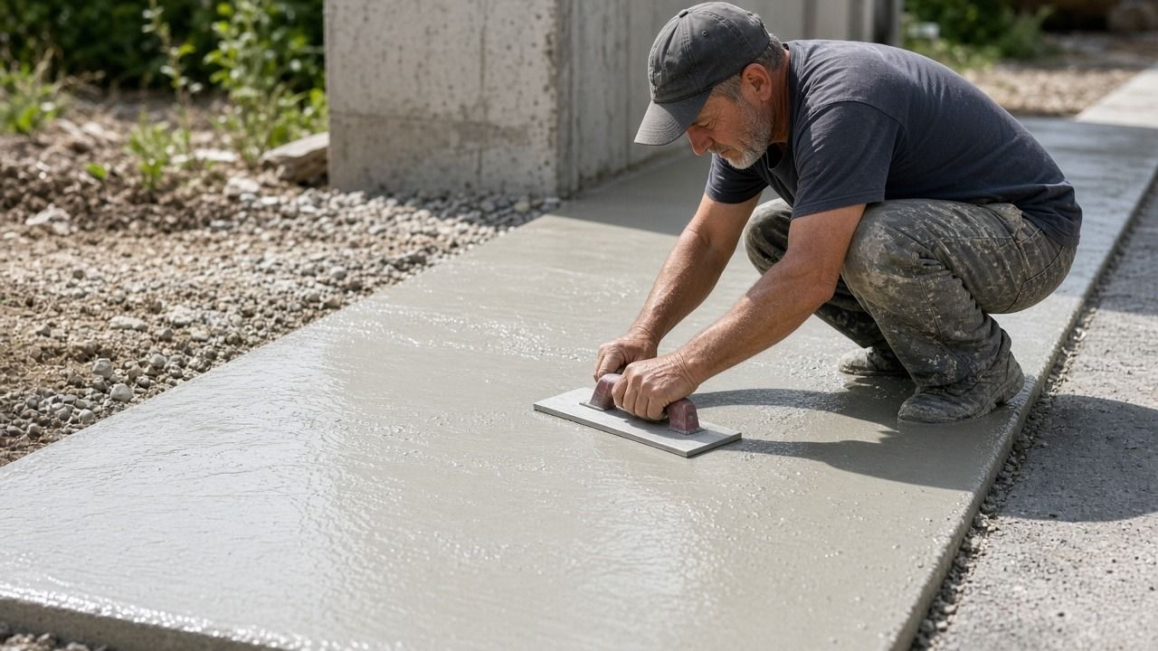 Masonry contractor smoothing a fresh concrete slab with a hand float