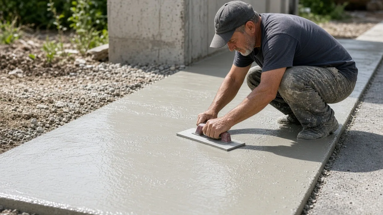 Masonry contractor smoothing a fresh concrete slab with a hand float