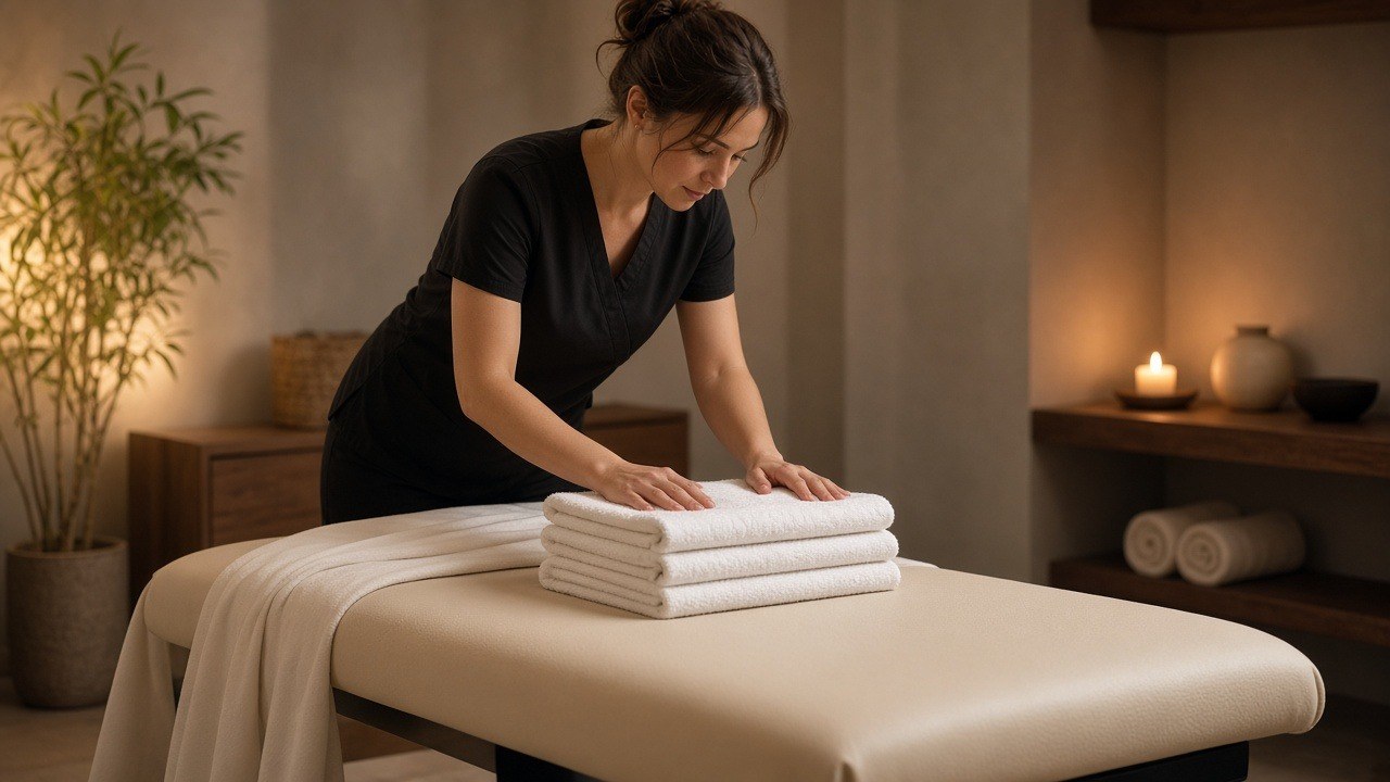 Massage therapist preparing towels on a treatment table