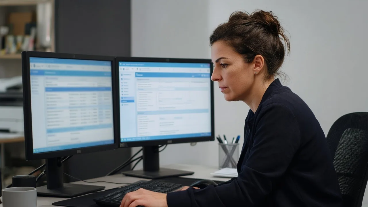 Medical billing specialist with her hair pinned up reviewing claim screens on two monitors at a tidy office desk, a pen cup and coffee mug beside the keyboard