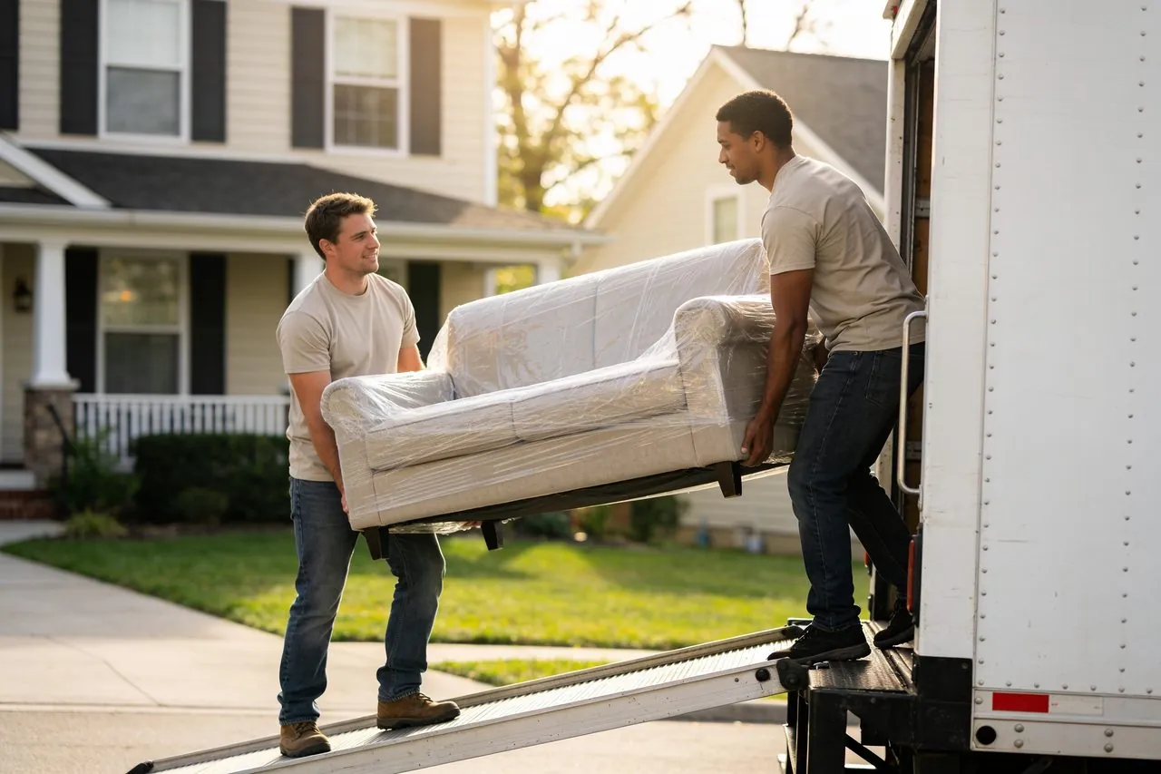 Two movers carrying a wrapped sofa up the ramp of a moving truck