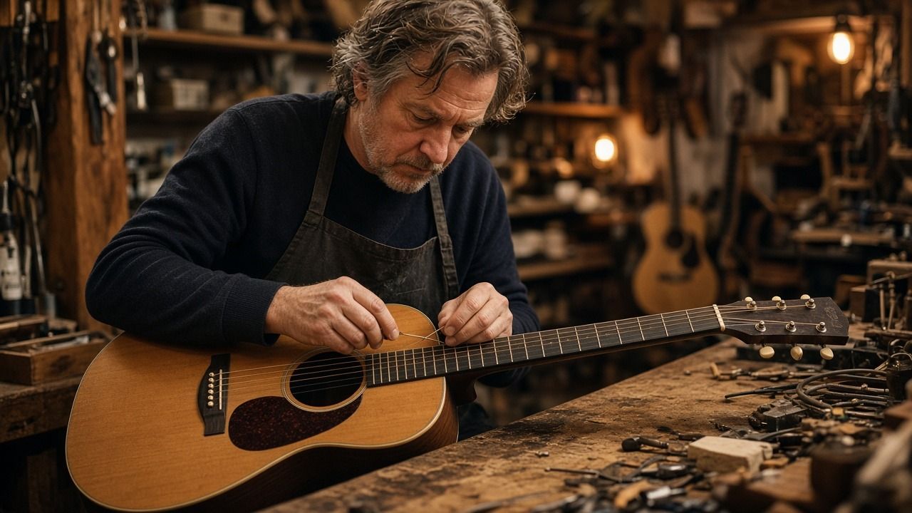 Gray-haired music store owner in a dark apron restringing an acoustic guitar at a cluttered wooden workbench, with guitars hanging on the shop walls behind him