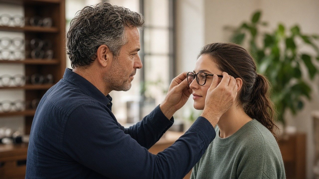 Optometrist fitting a new pair of eyeglasses on a patient in his shop
