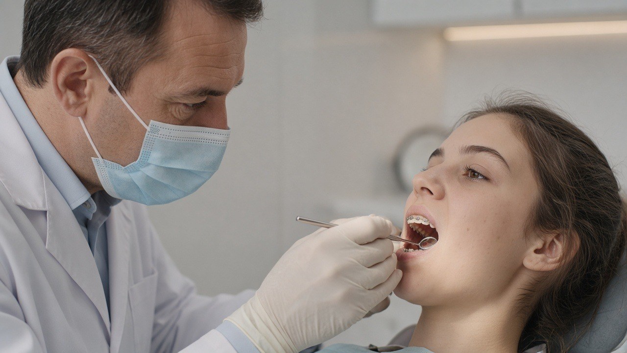 Orthodontist examining a teen patient's braces with a dental mirror