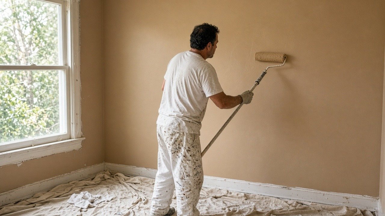 Painter rolling beige paint onto an interior wall over drop cloths