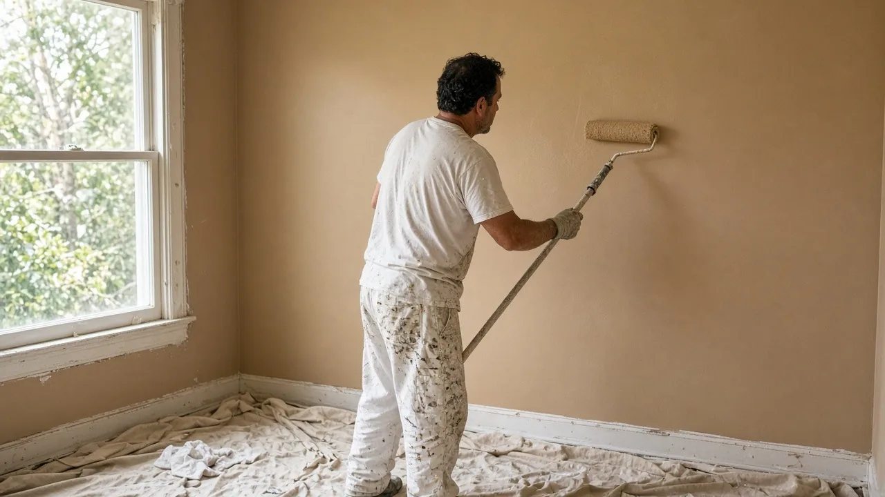 Painter rolling beige paint onto an interior wall over drop cloths