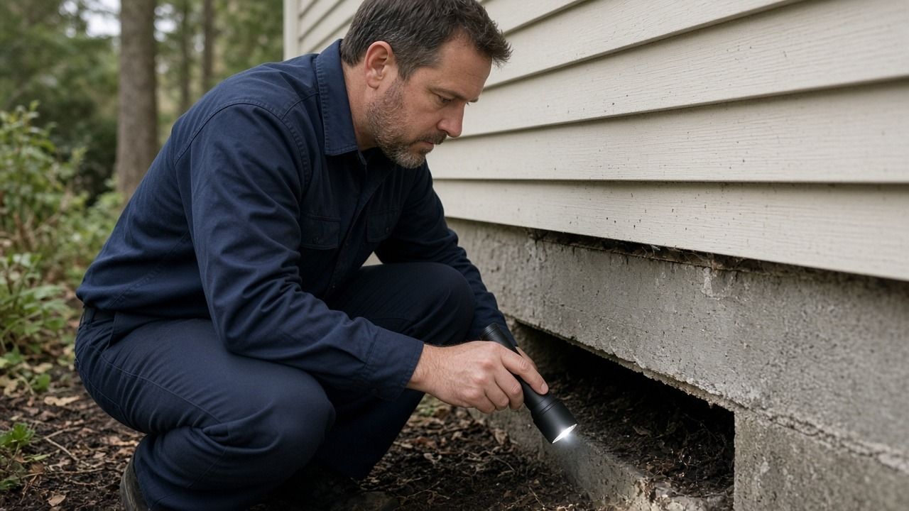 Pest control technician inspecting a crawlspace vent at a home foundation