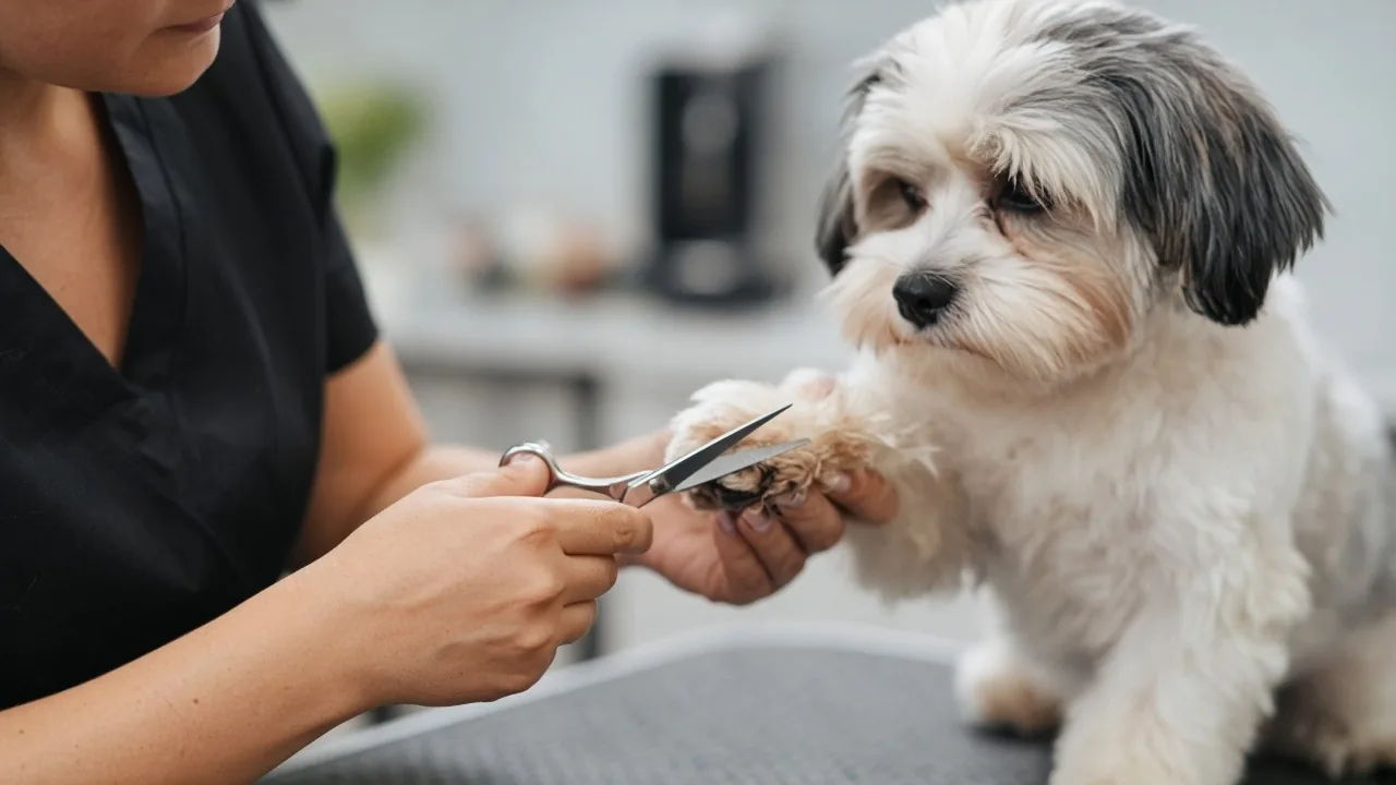 Pet groomer trimming a small dog's paw fur with scissors