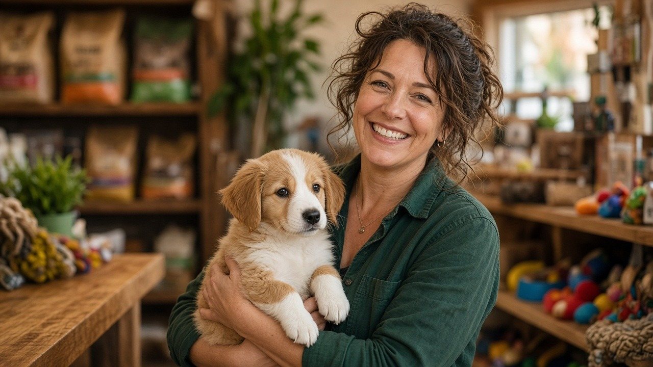 Smiling pet store owner holding a puppy in her neighborhood pet shop