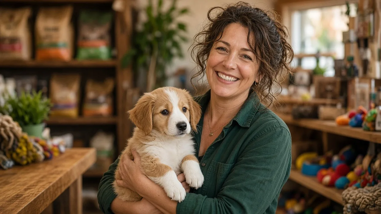 Smiling pet store owner holding a puppy in her neighborhood pet shop