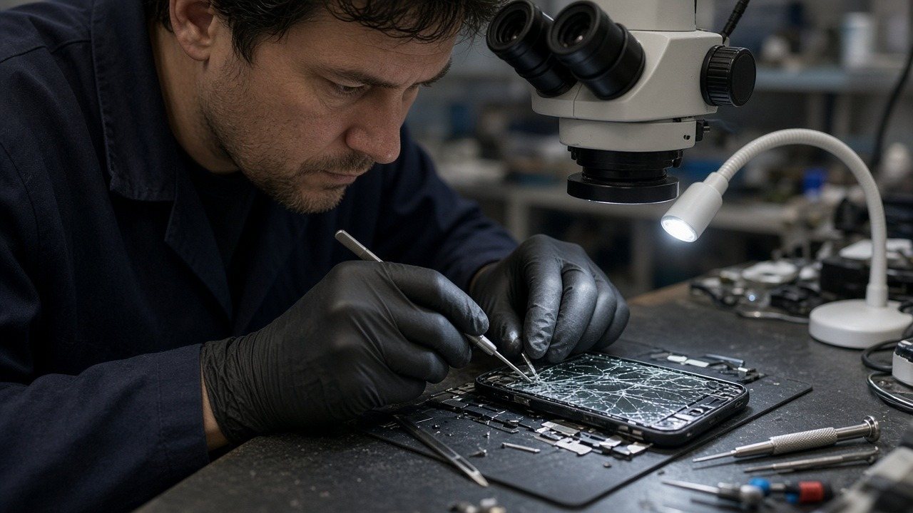 Phone repair technician in black gloves using a microscope and tweezers to replace a cracked smartphone screen at a workbench