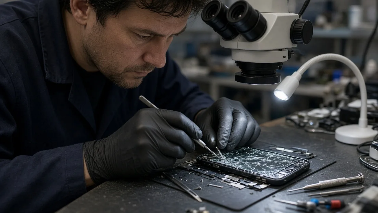 Phone repair technician in black gloves using a microscope and tweezers to replace a cracked smartphone screen at a workbench