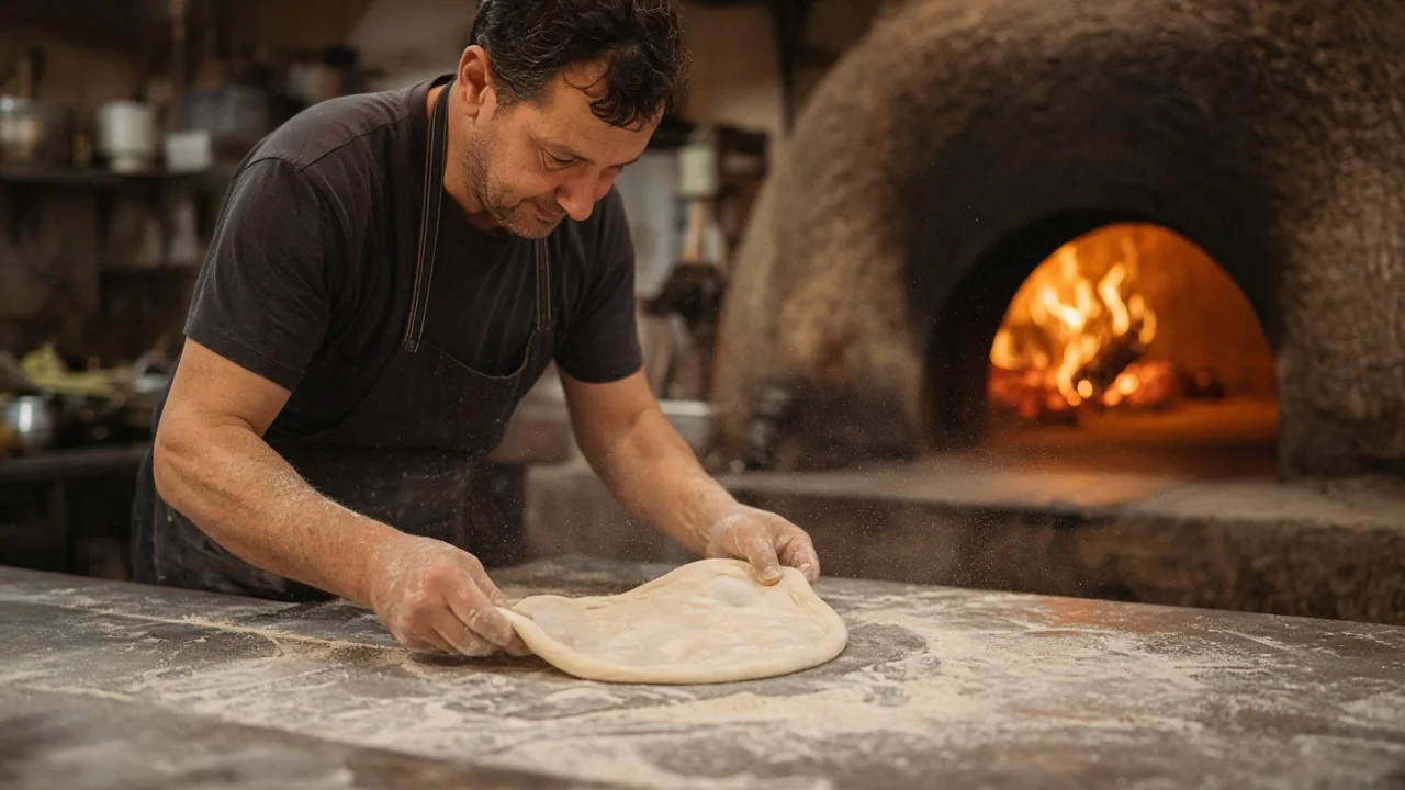 Pizzeria owner stretching dough in front of a wood-fired oven